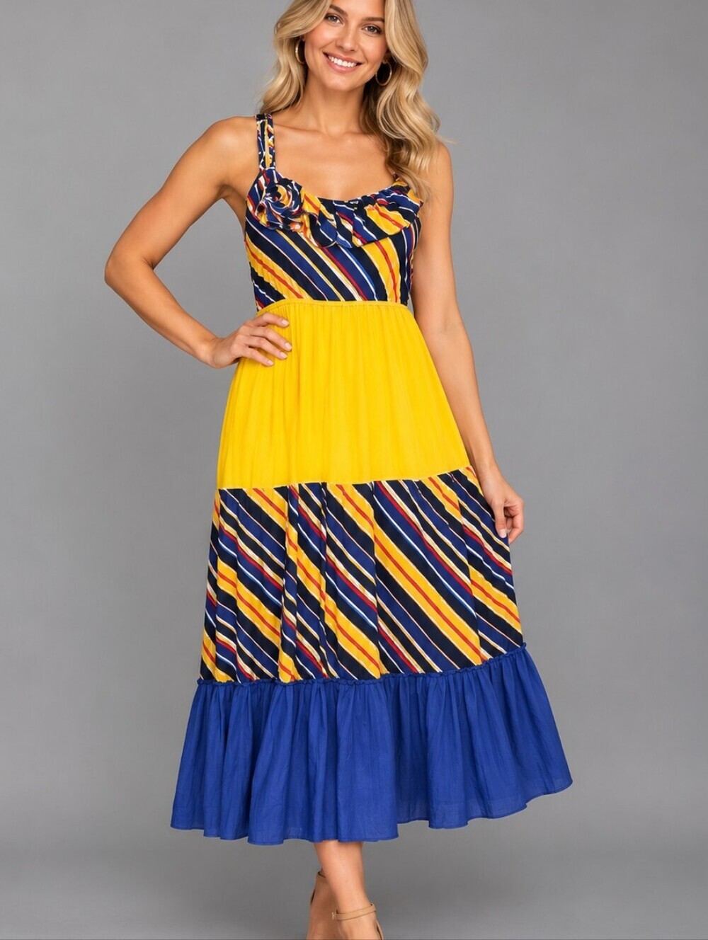 Vtg FASHION WEEK 1980s Rainbow Stripe Tiered Braided Colorblock Slip Dress